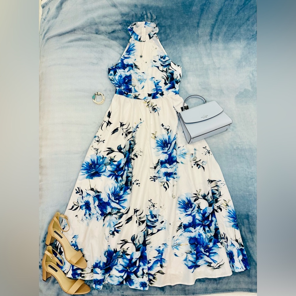 Blue Floral Halter Maxi Dress